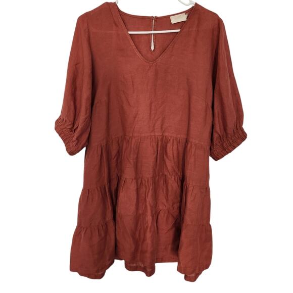 TOUCHE Linen Tiered Mini Dress S Cottagecore Beach Peasant Farmhouse Retro - Picture 1 of 9